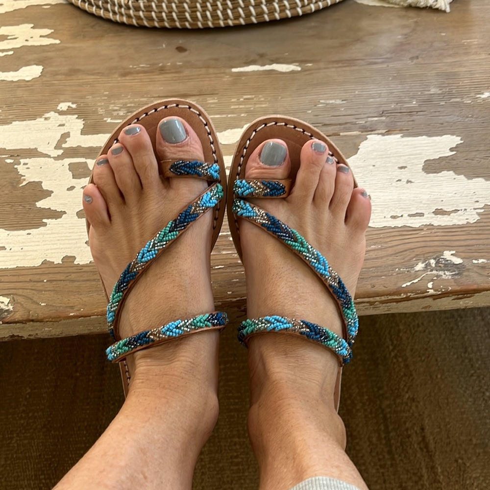 Anthropologie New laidback London hand embellished flat sandal Pool Party Boho🌈 - Picture 3 of 12